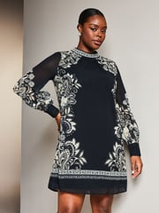 Lipsy Black/White Curve Placement Printed Long Sleeve Shift Mini Dress - Image 1 of 4