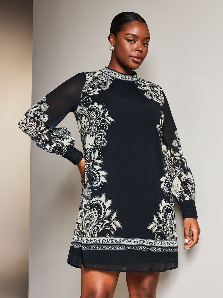 Lipsy Black/White Curve Placement Printed Long Sleeve Shift Mini Dress - Image 1 of 4 Lipsy Black/White Curve Placement Printed Long Sleeve Shift Mini Dress - Image 1 of 4