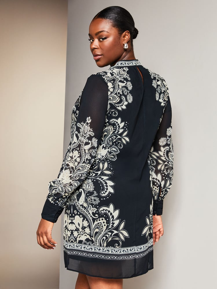 Lipsy Black/White Curve Placement Printed Long Sleeve Shift Mini Dress - Image 2 of 4 Lipsy Black/White Curve Placement Printed Long Sleeve Shift Mini Dress - Image 2 of 4