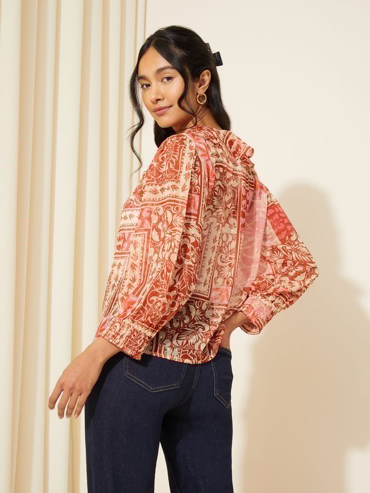 Friends Like These Red 3/4 Sleeve Ruffle Front Chiffon Blouse - Image 2 of 4 Friends Like These Red 3/4 Sleeve Ruffle Front Chiffon Blouse - Image 2 of 4