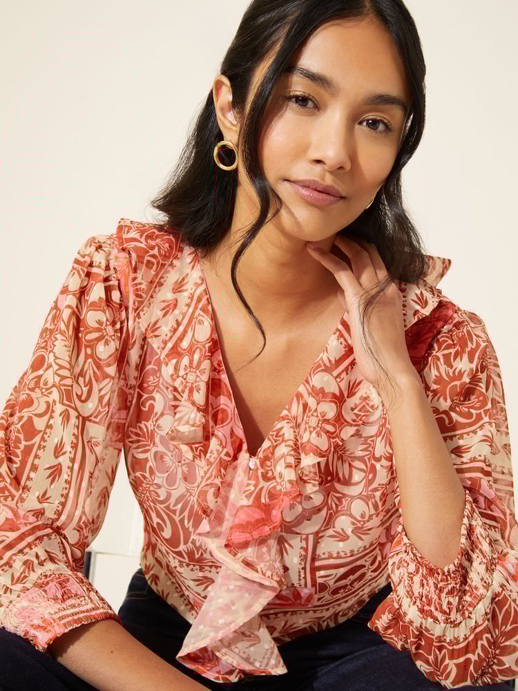 Friends Like These Red 3/4 Sleeve Ruffle Front Chiffon Blouse - Image 4 of 4 Friends Like These Red 3/4 Sleeve Ruffle Front Chiffon Blouse - Image 4 of 4