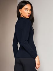 Lipsy Navy Blue Collared V Neck Rib Long Sleeve Top - Image 2 of 4