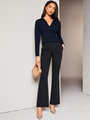 Lipsy Navy Blue Collared V Neck Rib Long Sleeve Top - Image 3 of 4