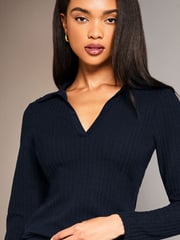 Lipsy Navy Blue Collared V Neck Rib Long Sleeve Top - Image 4 of 4
