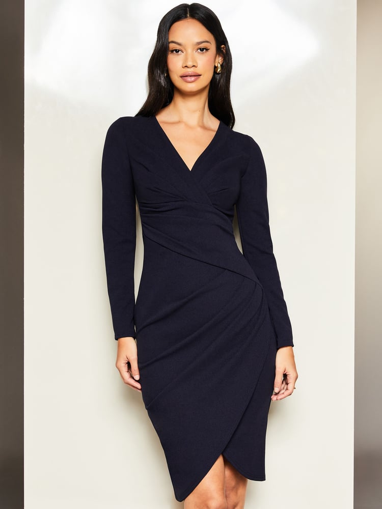 Lipsy Navy Blue Long Sleeve Wrap Gathered Waist Midi Dress - Image 1 of 4 Lipsy Navy Blue Long Sleeve Wrap Gathered Waist Midi Dress - Image 1 of 4