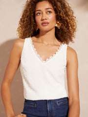Love & Roses Ivory White Dobby Petite V Neck V Back Woven Vest - Image 1 of 4