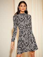 Friends Like These Black Paisley Fit And Flare Round Neck 3/4 Sleeve Dress - Image 1 of 4