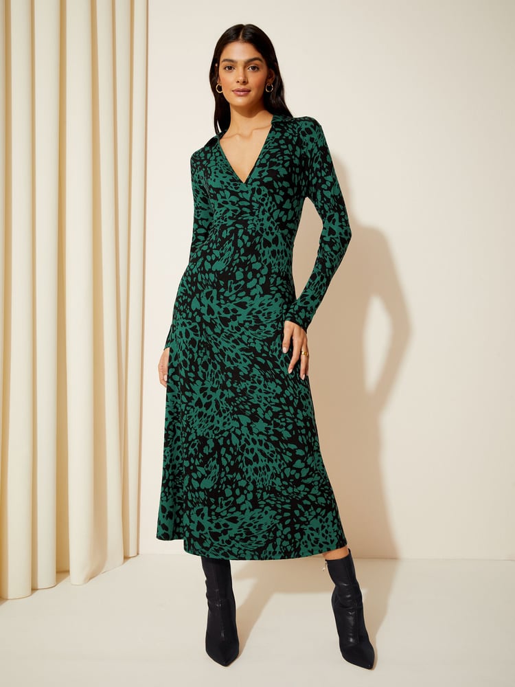 Friends Like These Green Long Sleeve Jersey Wrap Midi Dress - Image 1 of 4 Friends Like These Green Long Sleeve Jersey Wrap Midi Dress - Image 1 of 4