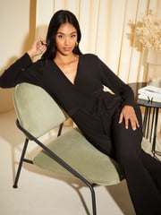 Friends Like These Black Jersey Wrap Long Sleeve Jumpsuit - Image 3 of 4
