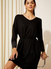 Friends Like These Black Satin Trim 3/4 Sleeve Belted Jersey Mini Dress - Image 1 of 4
