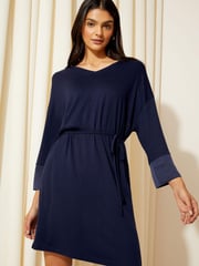 Friends Like These Navy Blue Satin Trim 3/4 Sleeve Belted Jersey Mini Dress - Image 1 of 4