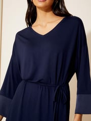 Friends Like These Navy Blue Satin Trim 3/4 Sleeve Belted Jersey Mini Dress - Image 2 of 4