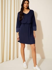 Friends Like These Navy Blue Satin Trim 3/4 Sleeve Belted Jersey Mini Dress - Image 3 of 4