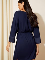 Friends Like These Navy Blue Satin Trim 3/4 Sleeve Belted Jersey Mini Dress - Image 4 of 4