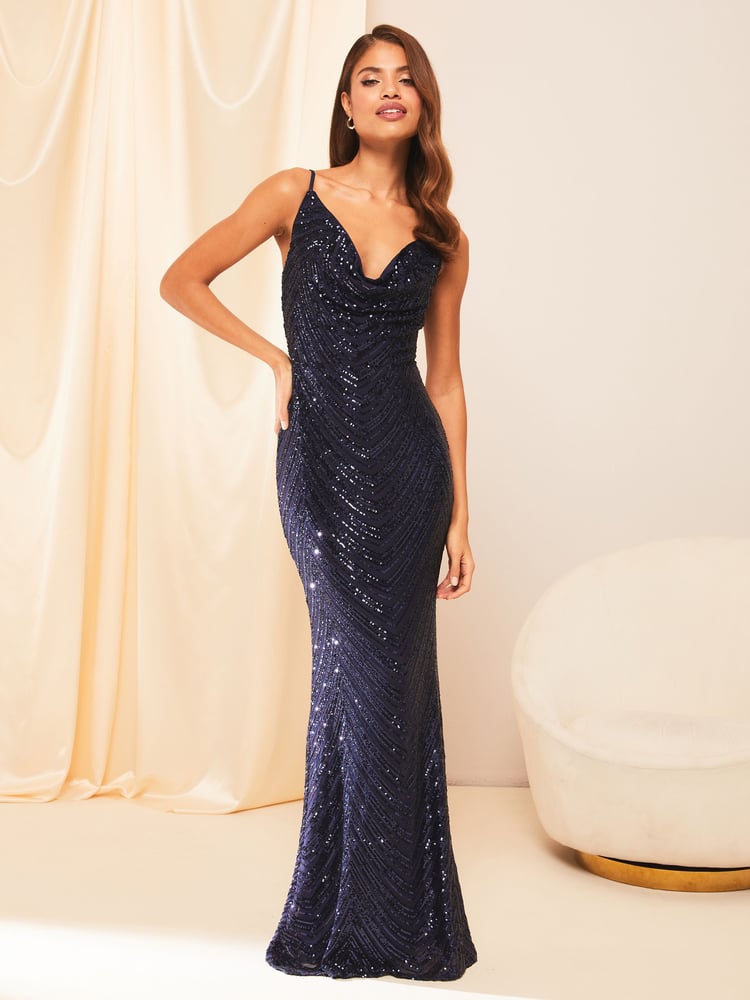 Lipsy Navy Blue Tall Paige Sequin Cami Cowl Bridesmaid Dress - Image 1 of 5