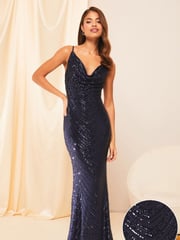 Lipsy Navy Blue Tall Paige Sequin Cami Cowl Bridesmaid Dress - Image 2 of 5