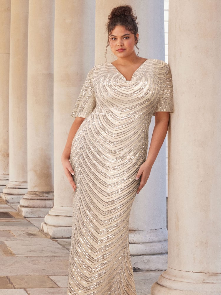 Lipsy Champagne Gold Curve Sequin Cowl Neck Reversible Bridesmaid Dress - Image 1 of 3 Lipsy Champagne Gold Curve Sequin Cowl Neck Reversible Bridesmaid Dress - Image 1 of 3