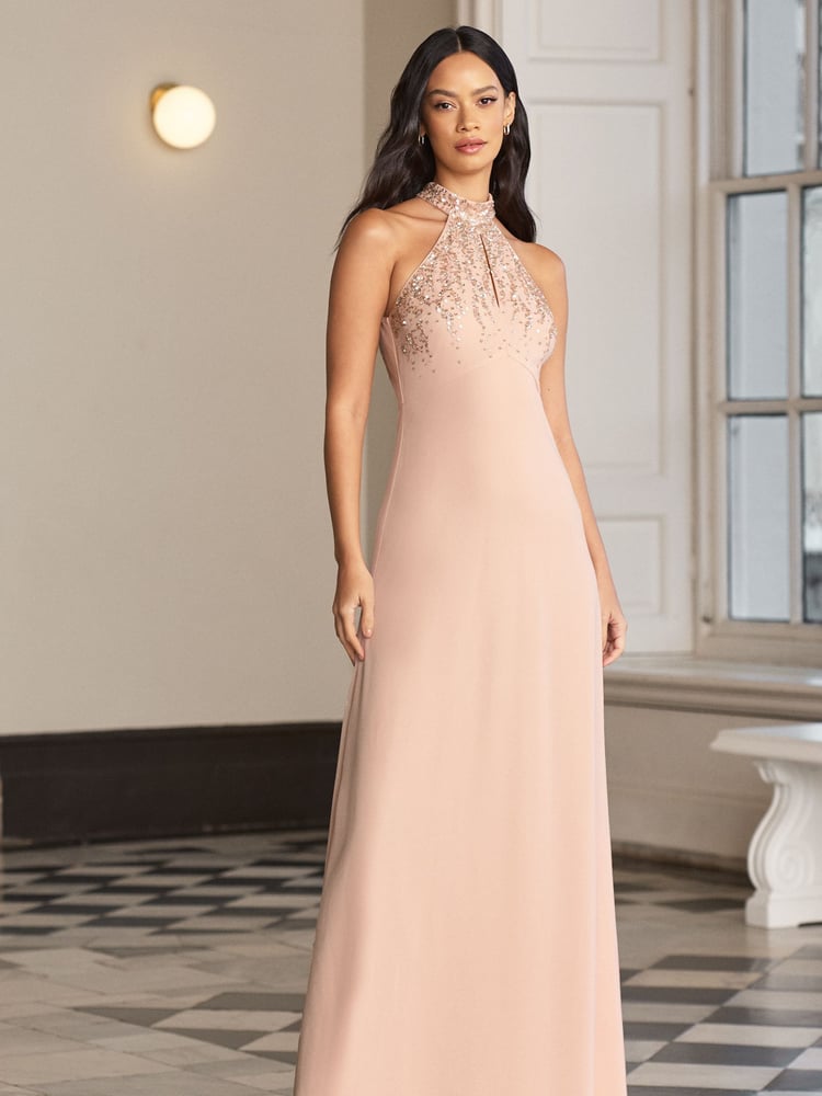 Lipsy Blush Pink Bridesmaid Halterneck Embellished Keyhole Maxi Dress - Image 1 of 4