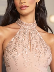 Lipsy Blush Pink Bridesmaid Halterneck Embellished Keyhole Maxi Dress - Image 3 of 4