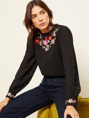 Love & Roses Black Embroidery Petite High Neck Lace Trim Long Sleeve Blouse - Image 1 of 4
