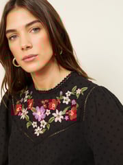 Love & Roses Black Embroidery Petite High Neck Lace Trim Long Sleeve Blouse - Image 2 of 4