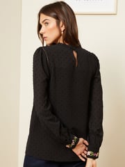 Love & Roses Black Embroidery Petite High Neck Lace Trim Long Sleeve Blouse - Image 3 of 4