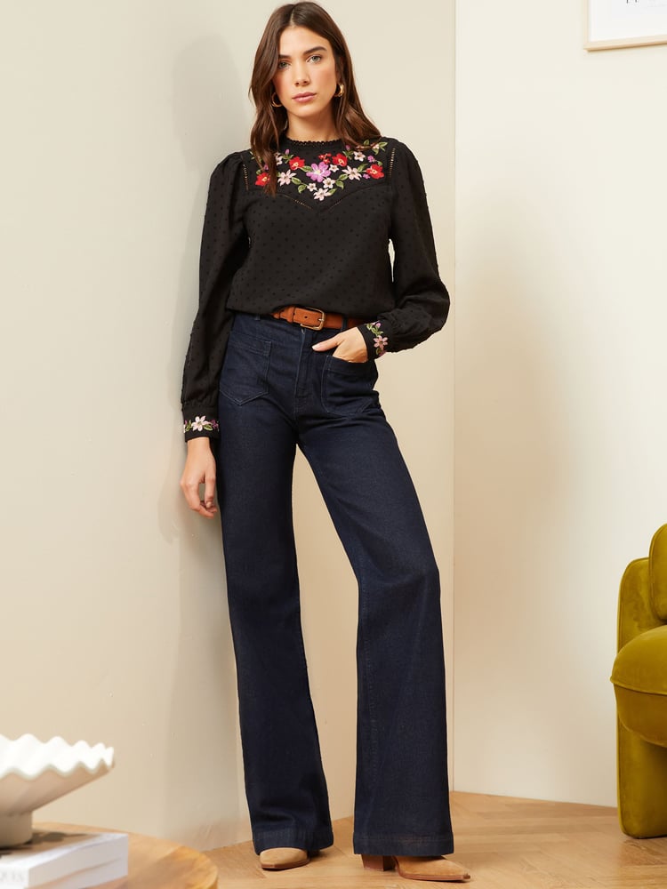 Love & Roses Black Embroidery Petite High Neck Lace Trim Long Sleeve Blouse - Image 4 of 4