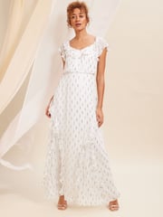Love & Roses Ivory White Metallic Ruffle Detail Tie Back Maxi Dress - Image 1 of 4