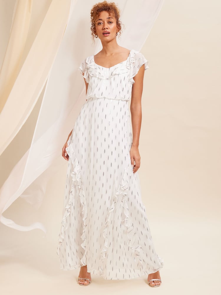 Love & Roses Ivory White Metallic Ruffle Detail Tie Back Maxi Dress - Image 1 of 4