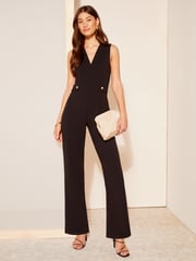 Friends Like These Black Wrap Front Detail V Neck Tailored Jumpsuit - Image 3 of 4