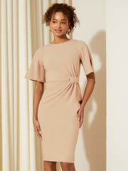 Friends Like These Cream Tailored Knot Detail Flutter Sleeve Midi Dress - Image 1 of 4
