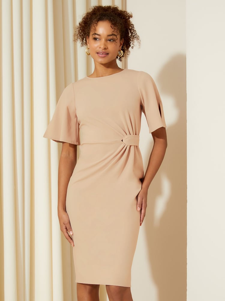 Friends Like These Cream Tailored Knot Detail Flutter Sleeve Midi Dress - Image 1 of 4