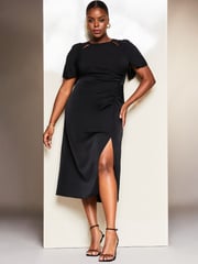 Lipsy Black Curve Ruched Button Front Sleeved Midi Dress - Image 1 of 4