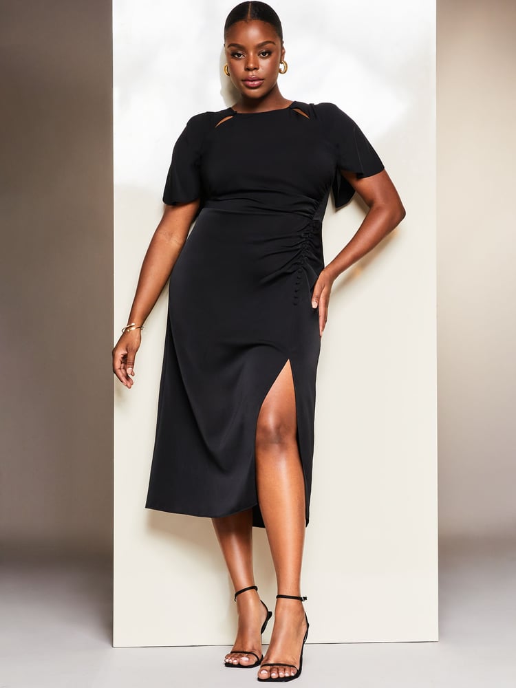 Lipsy Black Curve Ruched Button Front Sleeved Midi Dress - Image 1 of 4 Lipsy Black Curve Ruched Button Front Sleeved Midi Dress - Image 1 of 4