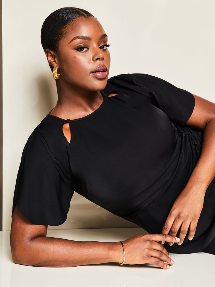 Lipsy Black Curve Ruched Button Front Sleeved Midi Dress - Image 4 of 4 Lipsy Black Curve Ruched Button Front Sleeved Midi Dress - Image 4 of 4