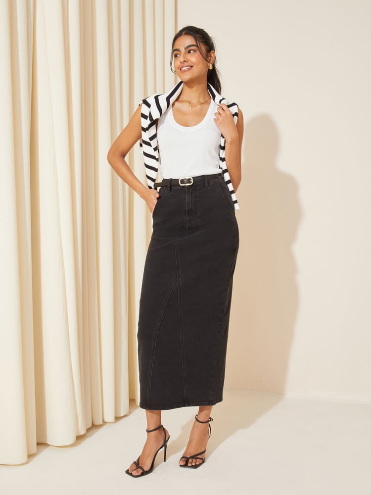 Friends Like These Black Godet Denim Maxi Skirt - Image 1 of 4