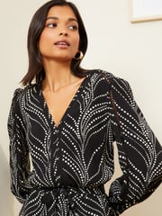 Love & Roses Black and White Polka Dot V Neck Printed Belted Wide Leg Jumpsuit - Image 2 of 4