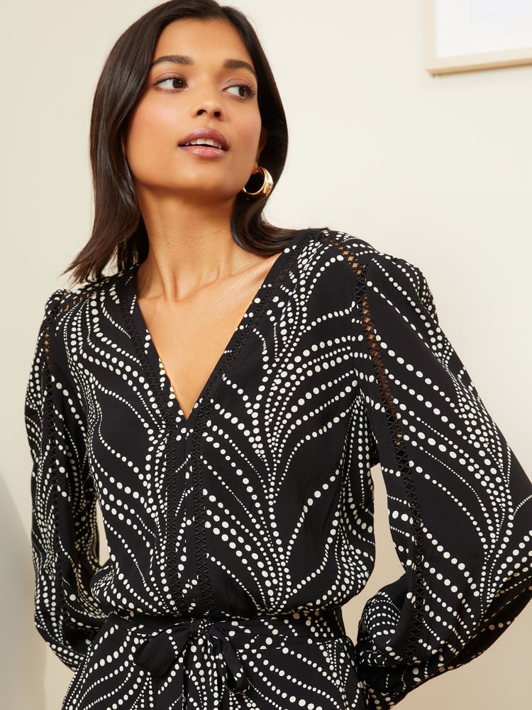 Love & Roses Black and White Polka Dot V Neck Printed Belted Wide Leg Jumpsuit - Image 2 of 4