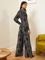 Love & Roses Black and White Polka Dot V Neck Printed Belted Wide Leg Jumpsuit - Image 3 of 4