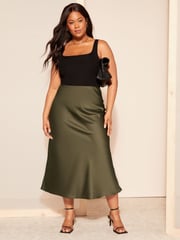 Friends Like These Green Curve Satin Bias Midi Skirt - Image 1 of 4