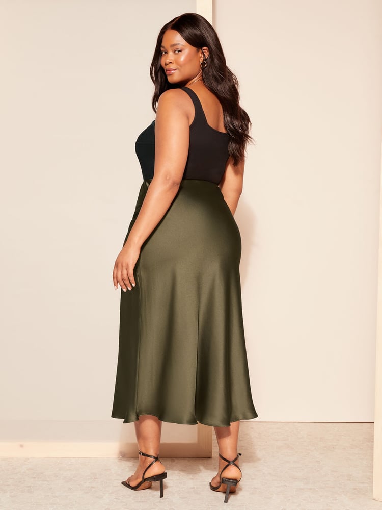 Friends Like These Green Curve Satin Bias Midi Skirt - Image 4 of 4