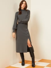 Love & Roses Grey High Neck Long Sleeve Button Knitted Midi Dress - Image 1 of 4