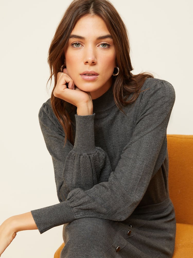 Love & Roses Grey High Neck Long Sleeve Button Knitted Midi Dress - Image 2 of 4