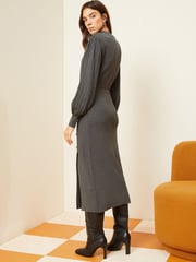 Love & Roses Grey High Neck Long Sleeve Button Knitted Midi Dress - Image 3 of 4