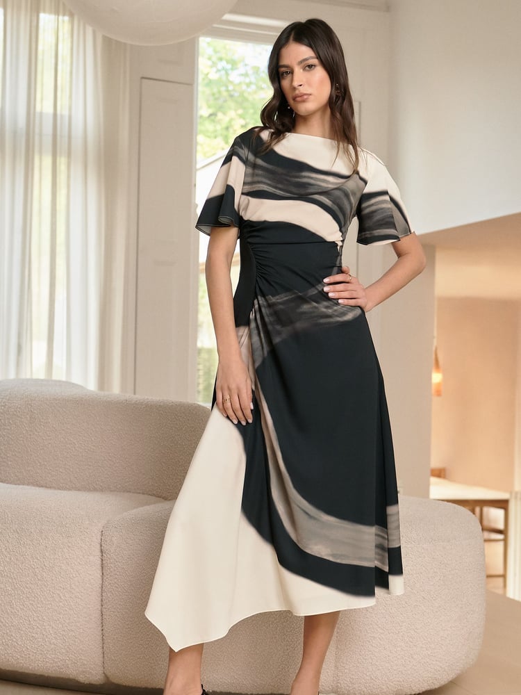 Lipsy Cream and Black Print Ruched Asymmetricalmetrical Flutter Sleeve Midi Dress - Image 1 of 4
