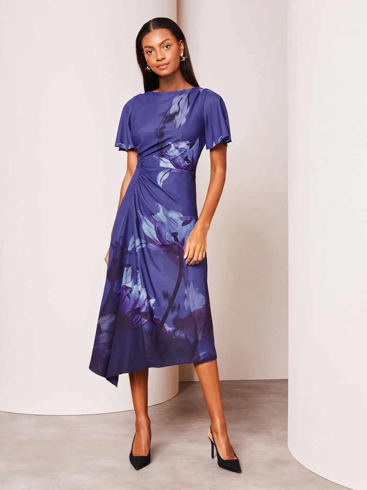 Lipsy Navy Floral Ruched Asymmetricalmetrical Flutter Sleeve Midi Dress - Image 1 of 4