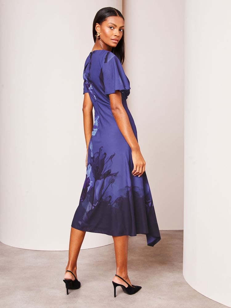 Lipsy Navy Floral Ruched Asymmetricalmetrical Flutter Sleeve Midi Dress - Image 2 of 4 Lipsy Navy Floral Ruched Asymmetricalmetrical Flutter Sleeve Midi Dress - Image 2 of 4
