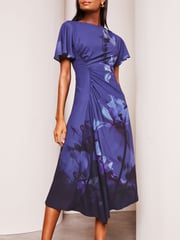 Lipsy Navy Floral Ruched Asymmetricalmetrical Flutter Sleeve Midi Dress - Image 3 of 4