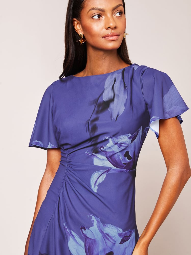 Lipsy Navy Floral Ruched Asymmetricalmetrical Flutter Sleeve Midi Dress - Image 4 of 4 Lipsy Navy Floral Ruched Asymmetricalmetrical Flutter Sleeve Midi Dress - Image 4 of 4