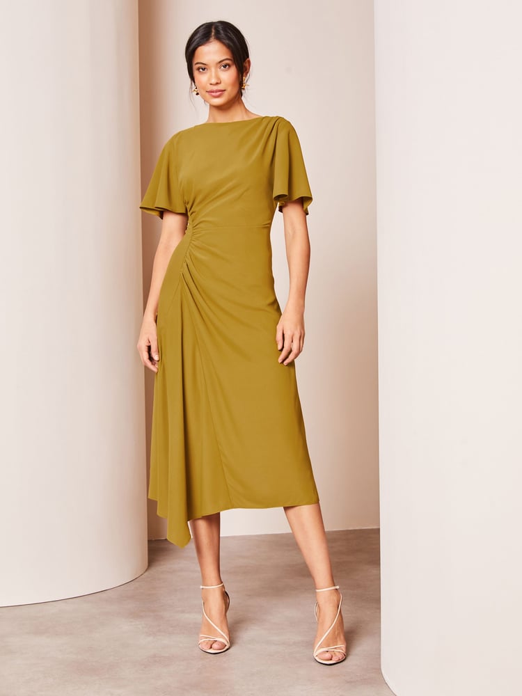 Lipsy Green Ruched Asymmetrical Flutter Sleeve Midi Dress - Image 1 of 4 Lipsy Green Ruched Asymmetrical Flutter Sleeve Midi Dress - Image 1 of 4
